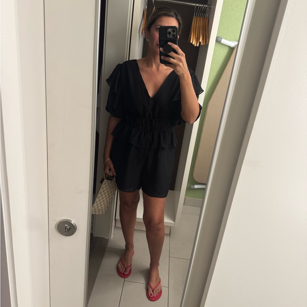 Express Black V-Neck Tie Front Romper